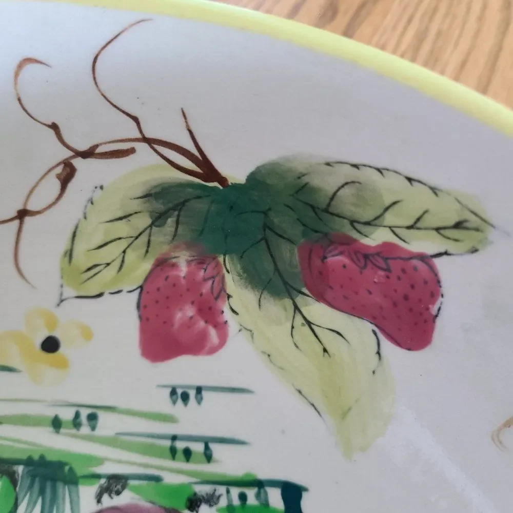 Vintage European Folk Art Handpainted Bowl - Dancing Man and Woman, Strawberries